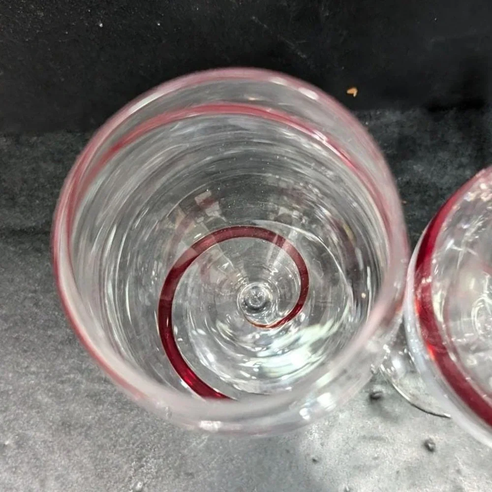 Pier 1 Red Swirline Wine Glasses, Set‎ Of 2, Vintage Clear Stemware, Replacement